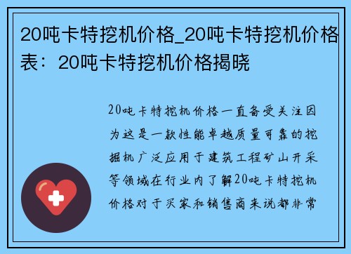 20吨卡特挖机价格_20吨卡特挖机价格表：20吨卡特挖机价格揭晓